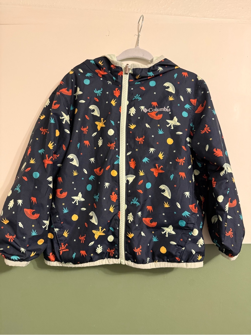 Columbia Kids Navy Hooded Rain Jacket with Multicolor Print